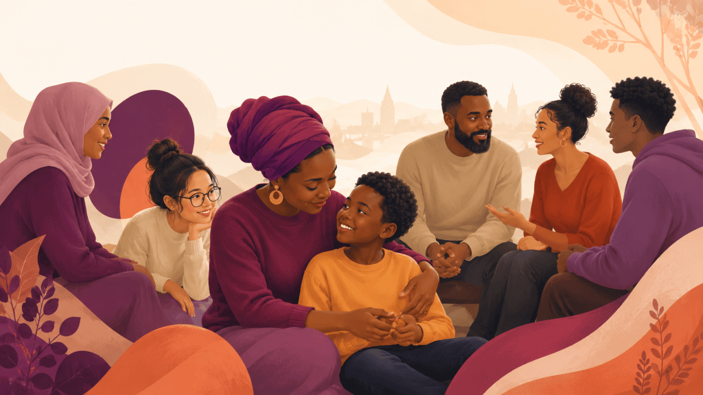 A diverse group of families and community members connecting and supporting one another.