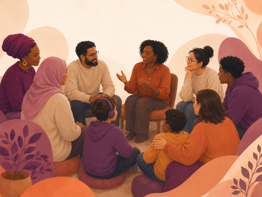 A diverse community support group sharing conversation and connection in a warm, welcoming setting.